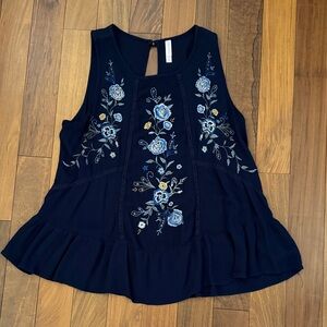 Xhilaration Navy Sleeveless Embroidered Floral Tank